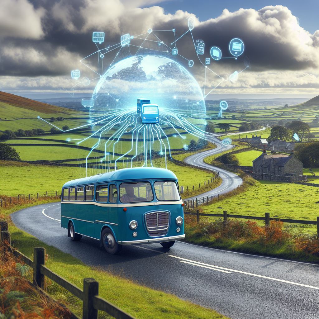 AI generated minibus in the countryside and a network in the sky 