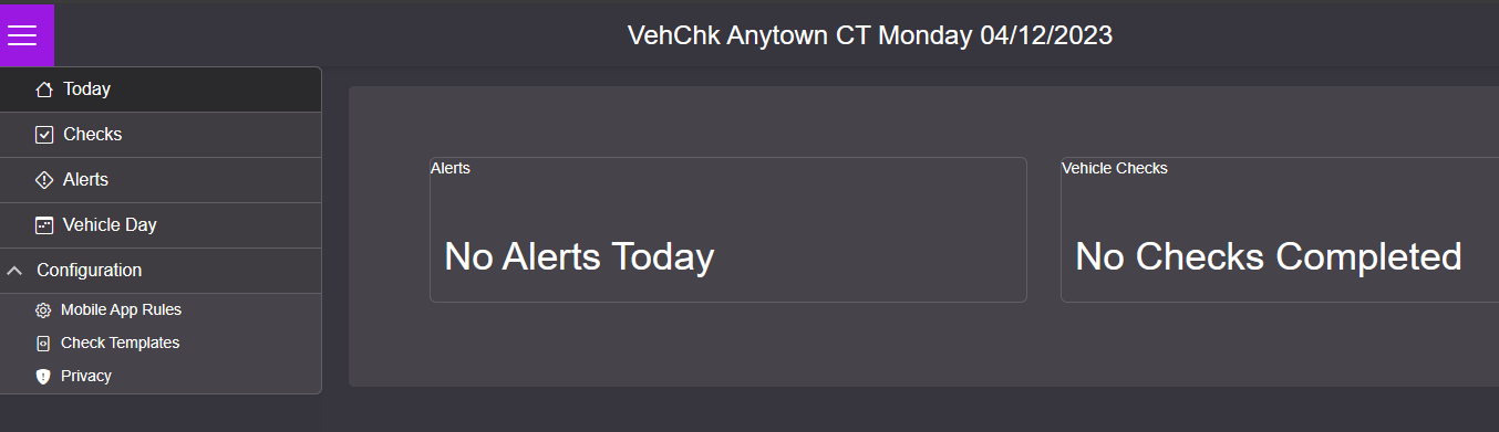 Screenshot of VehChk home page showing the days alerts and checks