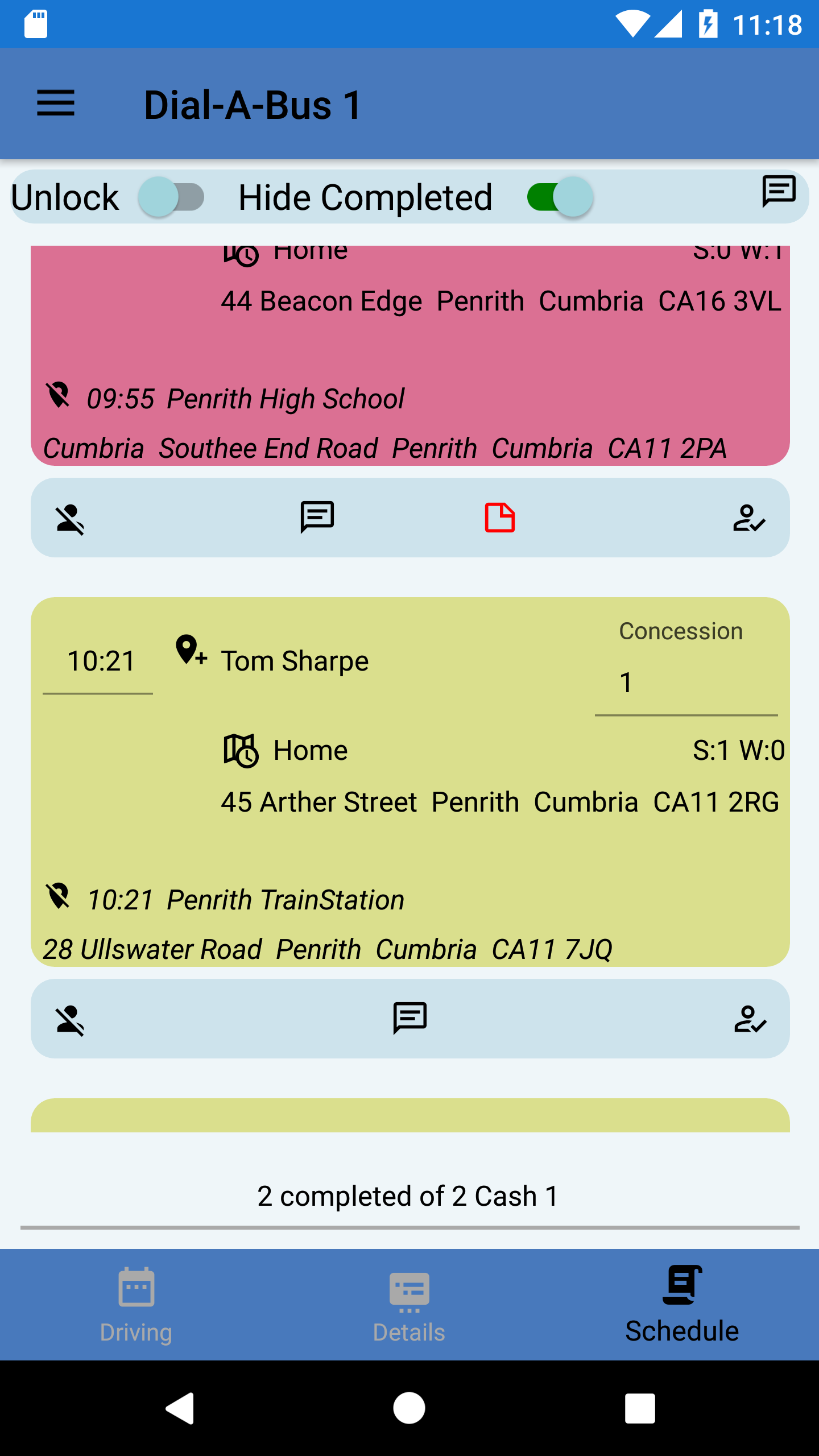 Screenshot of ctxGoDrive drivers schedule for a dial-a-service