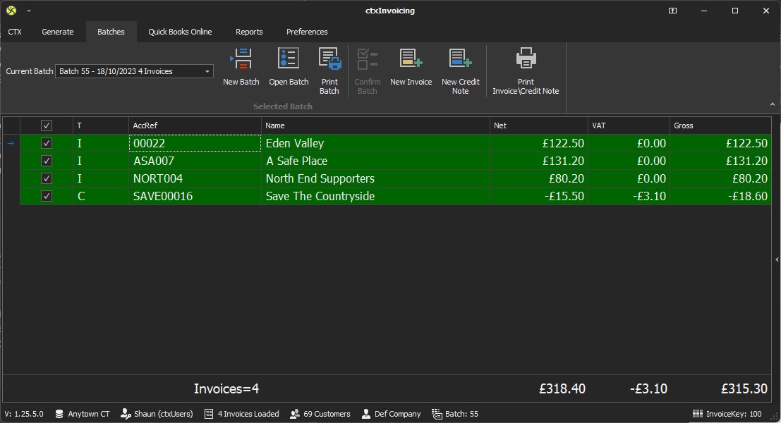 Screenshot of the CTX Invoicing Application